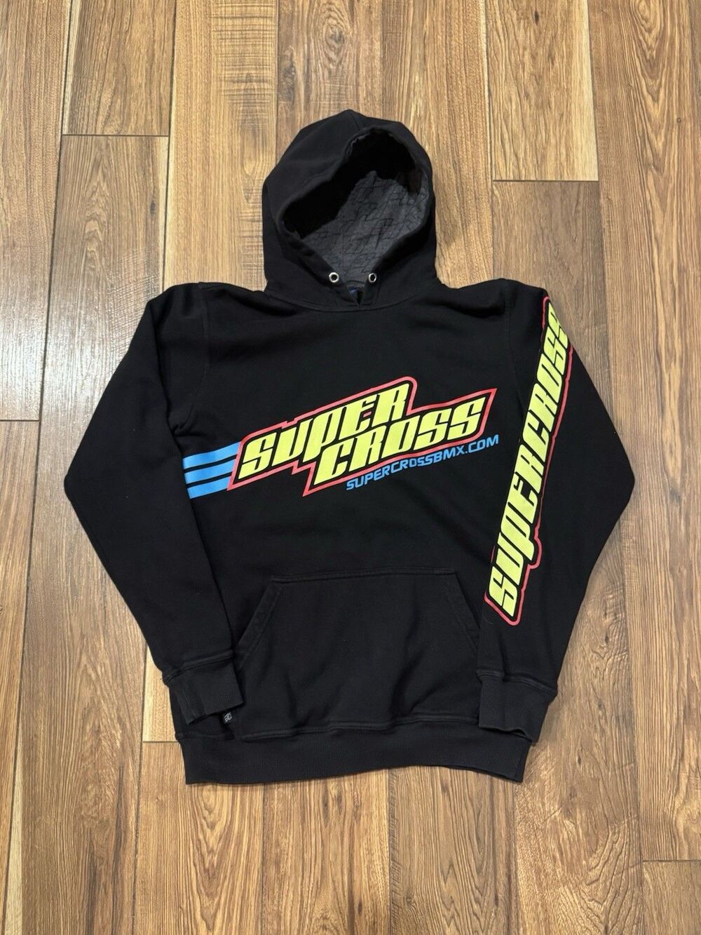 Vintage Supercross BMX Racing Hoodie Mens M Black Fleece Pullover Y2K